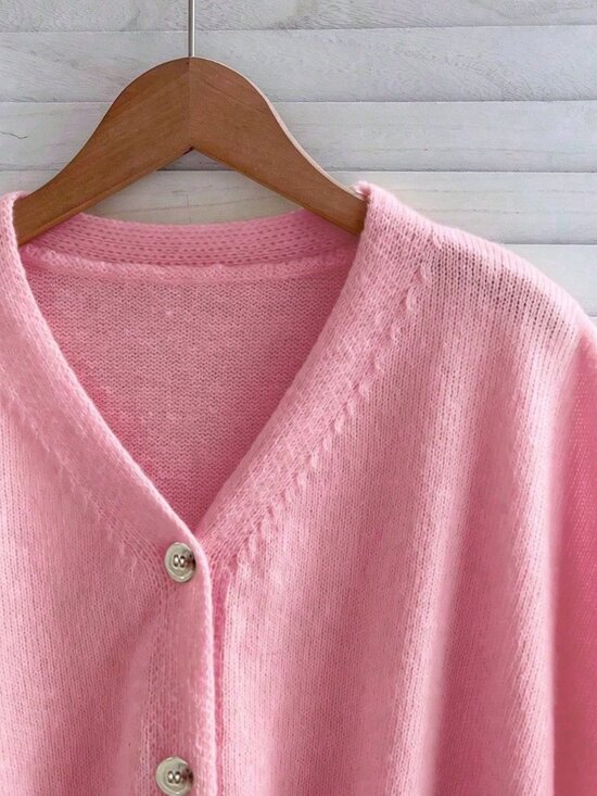 Gentle Pink Casual Women's V-Neck Button Short Sleeve Oversized Knit Cardigan - Picture 8 of 10